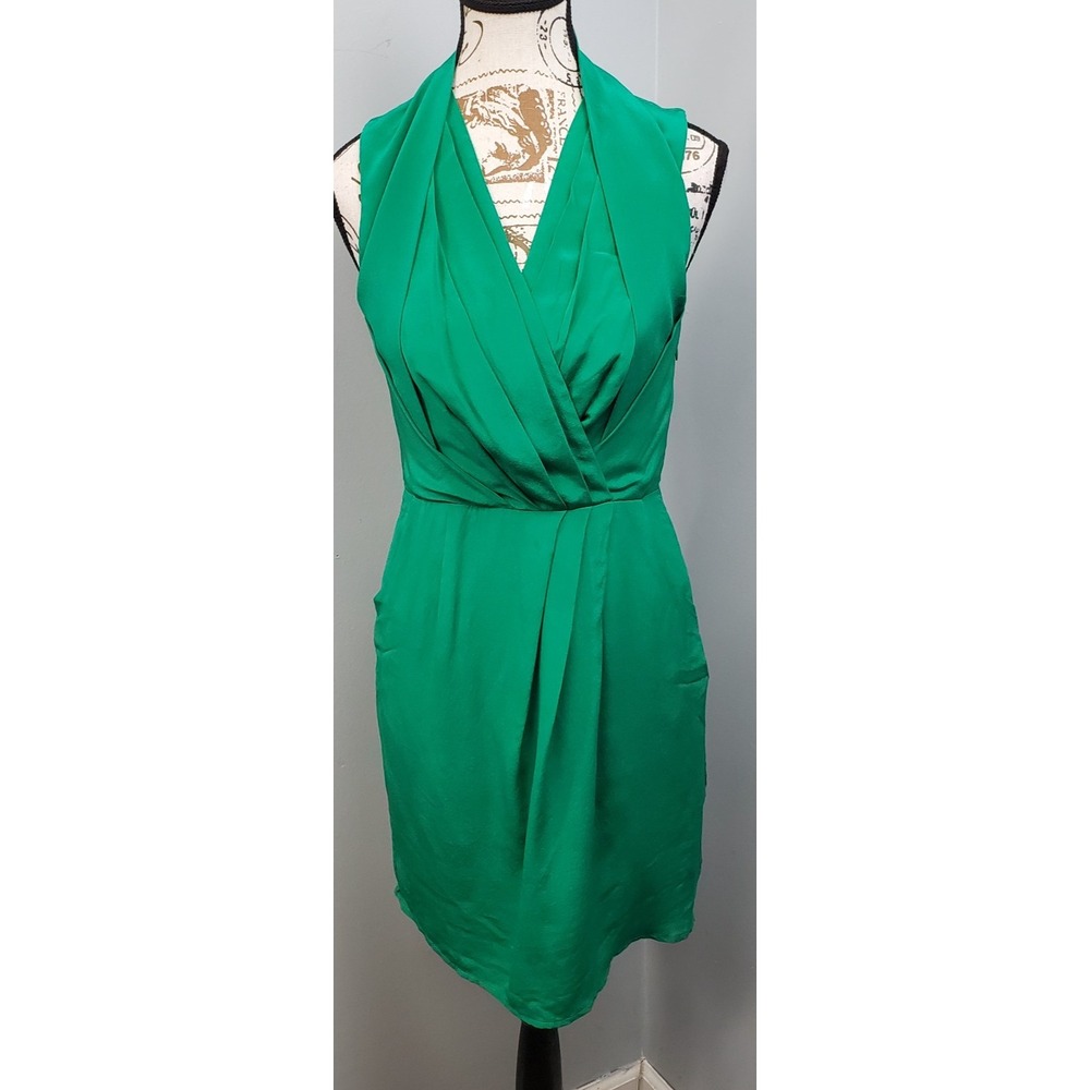 Greylin Cocktail Party Dress Womens S Green Draped V-Neck Sleeveless Side Zip